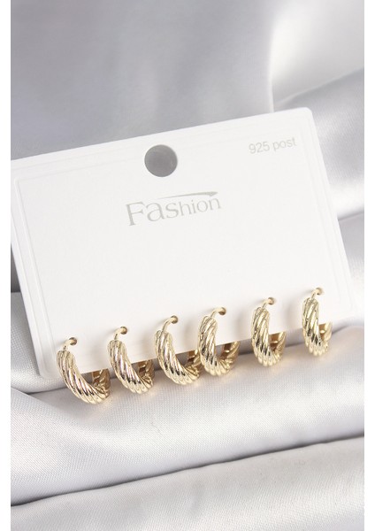 925 Ayar Gümüş Çivi Pirinç Gold Renk Işlemeli Halka Model Kadın Küpe Seti - TJ-BKP10411