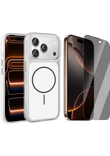 iPhone 17 Pro Max Kılıf M-Safe Şarj Özellikli Metal Buton Tasarımlı Zore İkonik Sert Silikon Kapak + Hayalet Ekran Koruyucu