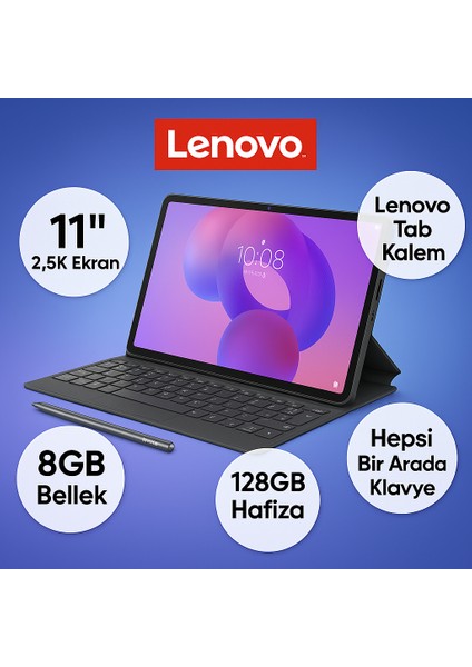 Idea Tab Tablet - Dokunmatik 11INÇ 2.5k 90Hz Mat Ekran - 8gb Bellek - 128GB Depolama - Dolby Atmos® Hoparlörler + Lenovo Tab Kalem + Hepsi Bir Arada Klavye + Onerous Ürünler