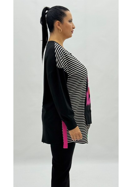 Büyük Beden Cepli Çizgili Taş Detaylı Uzun Kol Oversize Kadın Sweatshirt modelleri