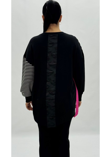 Büyük Beden Cepli Çizgili Taş Detaylı Uzun Kol Oversize Kadın Sweatshirt fırsatları