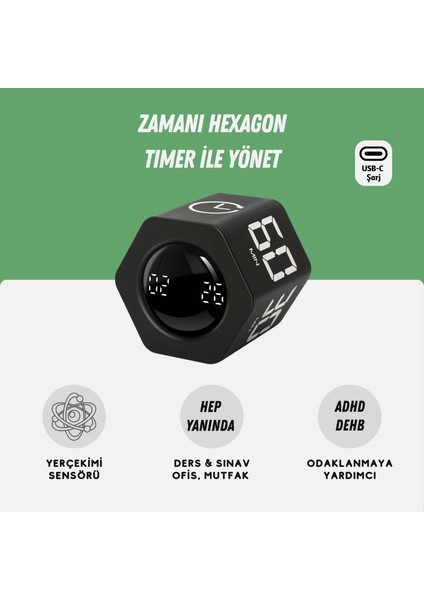 GT-2 Hexagon Zamanlayıcı, Flip Timer, Öğrenci Ders Çalışma Saati, Sınav Kronometresi, Mutfak - Siyah