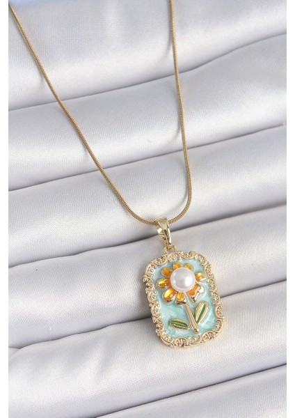 316L Çelik Gold Renk Zincir Mavi Mineli Incili Papatya Işlemeli Portre Model Kadın Kolye - TJ-BKO10199
