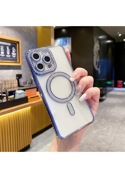 Apple iPhone 15 Pro Max Uyumlu Taşlı Magsafe Şarj Özellikli Kamera Korumalı Simli Kılıf