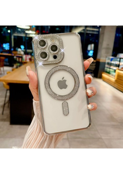 Apple iPhone 15 Pro Max Uyumlu Taşlı Magsafe Şarj Özellikli Kamera Korumalı Simli Kılıf fiyatları