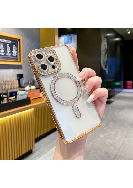 Apple iPhone 15 Pro Uyumlu Taşlı Magsafe Şarj Özellikli Kamera Korumalı Simli Kılıf
