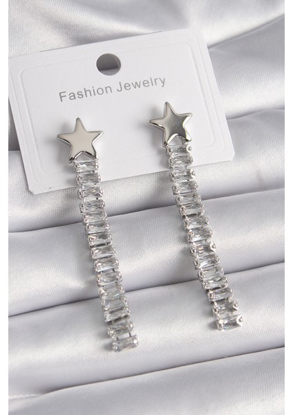 Pirinç Gümüş Renk Yıldız Model Su Yolu Zirkon Taş Kadın Küpe - TJ-BKP9625