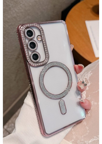 Samsung Galaxy A15 Uyumlu Taşlı Magsafe Şarj Özellikli Kamera Korumalı Simli Kılıf