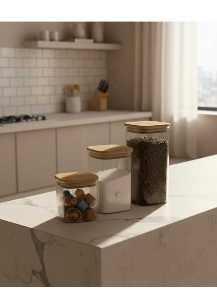 3’lü Bambu Kapaklı Cam Kavanoz Seti – 700ML | 1100ML | 1400ML – Mutfak Saklama Kabı