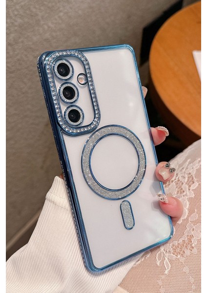 Samsung Galaxy S25 Edge Uyumlu Taşlı Magsafe Şarj Özellikli Kamera Korumalı Simli Kılıf