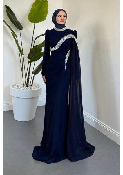 Feriha Yandan Pelerinli Taşlı Özel Tasarım Abiye Lacivert fiyatları