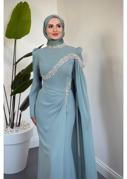 Feriha Yandan Pelerinli Taşlı Özel Tasarım Abiye Mint fiyatları