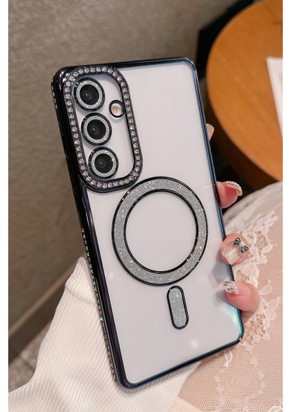 Samsung Galaxy A17 Uyumlu Taşlı Magsafe Şarj Özellikli Kamera Korumalı Simli Kılıf