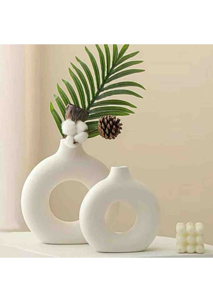 Dekoratif Bohem Sade Donut Halka Vazo Seti.ef Ofis Dekorsyonuna Uygun Hediyelik Ürün