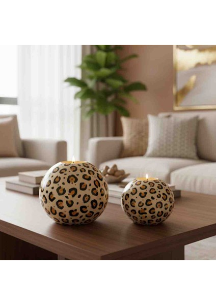 Dekoratif Leopar Desenli 2'li Küçük ve Büyük Ev ,ofis Hediyelik Modern Dekorasyon Obje Seti(Tealight Mumlar Dahildir)