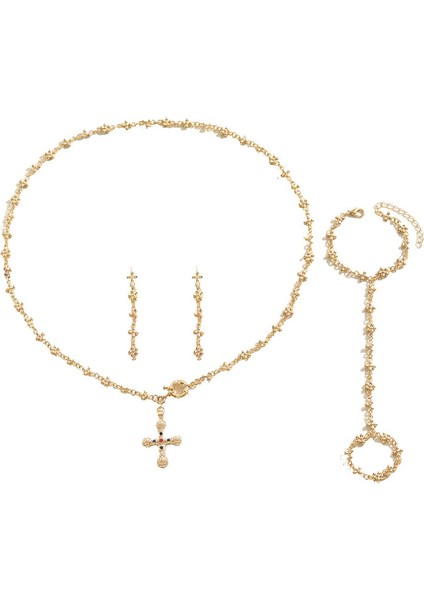 YUANYING-5581 Altın Kişiselleştirilmiş Haç Işlemeli Yapay Taş Takı Seti (Yurt Dışından)