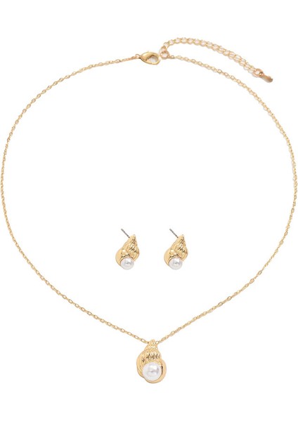 YUANYING-5428-1 Altın Deniz Kabuğu Işlemeli Inci Takı Seti (Yurt Dışından)