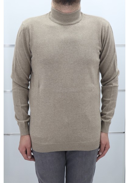 Fistan Store Erkek Koyu Bej Düz Spor Kesim Normal Kalıp Yarım Balıkçı Yaka Kışlık Yünlü Kazak