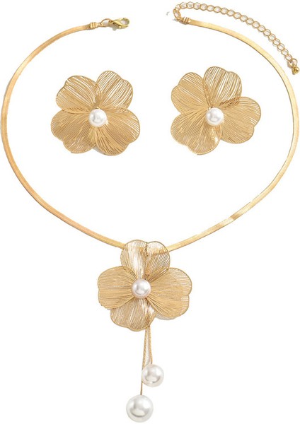 YUANYING-0016 Altın Çiçek Işlemeli Inci Takı Seti (Yurt Dışından)
