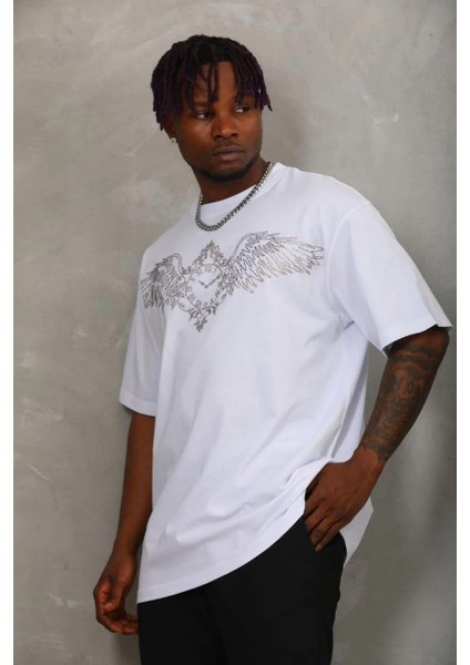 Unisex Oversize Taşlı Bisiklet Yaka T-Shirt - Beyaz modelleri