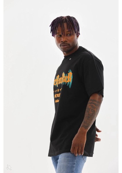 Unisex Kuşgözü Detaylı Baskılı Oversize T-Shirt - Siyah modelleri