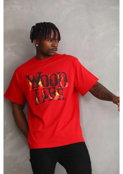 Unisex Baskılı Oversize T-Shirt - Kırmızı