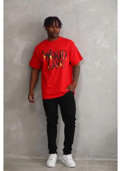 Unisex Baskılı Oversize T-Shirt - Kırmızı
