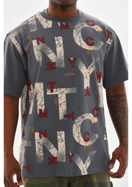 Unisex Baskılı Oversize T-Shirt - Füme