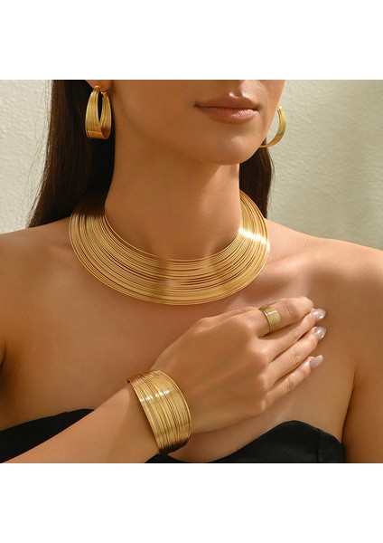 YUANYING-0021 Altın Çok Katmanlı Metal Geometrik Çizgili Takı Seti (Yurt Dışından) fiyatları