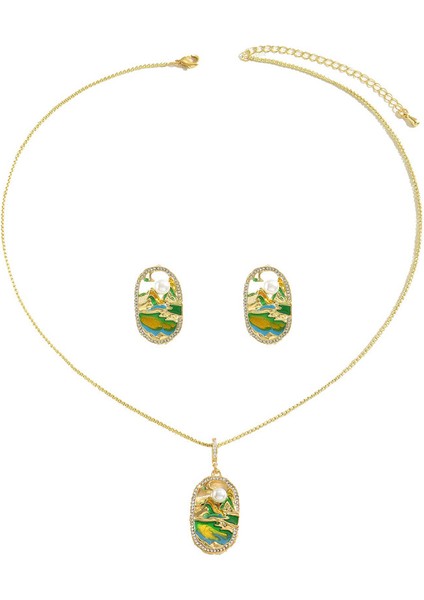 YUANYING-5539 Altın Yeşil Dağlar ve Yeşil Sular Kolye Takı Seti (Yurt Dışından)