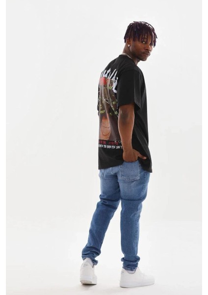 Unisex Baskılı Oversize T-Shirt - Siyah indirimleri