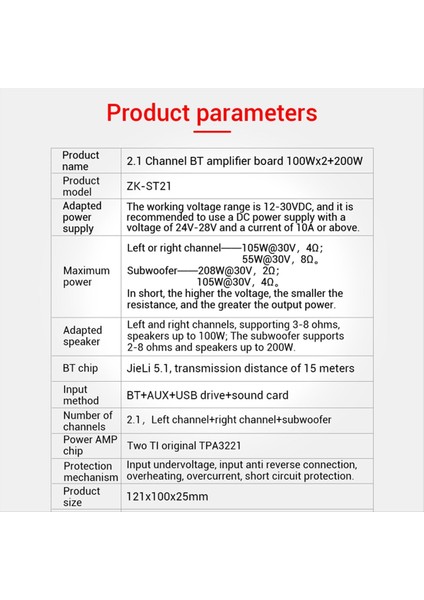 ZK-ST21 Bluetooth Güç Amplifikatör Kartı 2.1 Kanal 2X100W+200W Subwoofer TPA3221 (Yurt Dışından) indirimleri