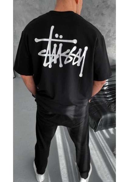 Unisex Bisiklet Yaka Baskılı Oversize T-Shirt - Siyah fiyatları