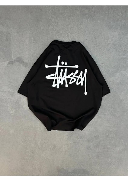 Unisex Bisiklet Yaka Baskılı Oversize T-Shirt - Siyah fırsatları