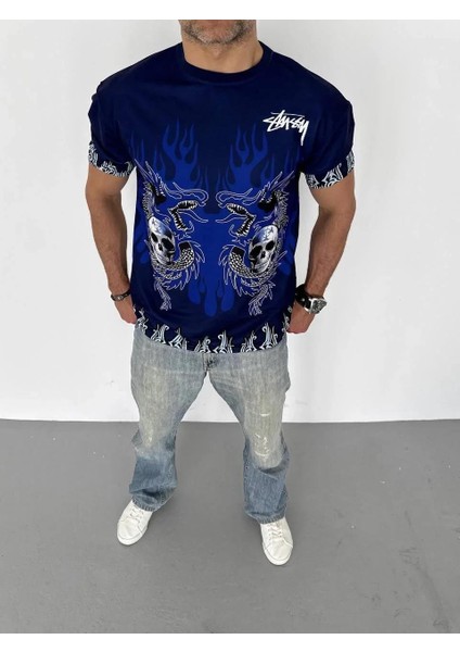 Unisex Bisiklet Yaka Baskılı Oversize T-Shirt - Lacivert fiyatları