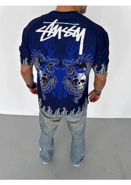 Unisex Bisiklet Yaka Baskılı Oversize T-Shirt - Lacivert fırsatları