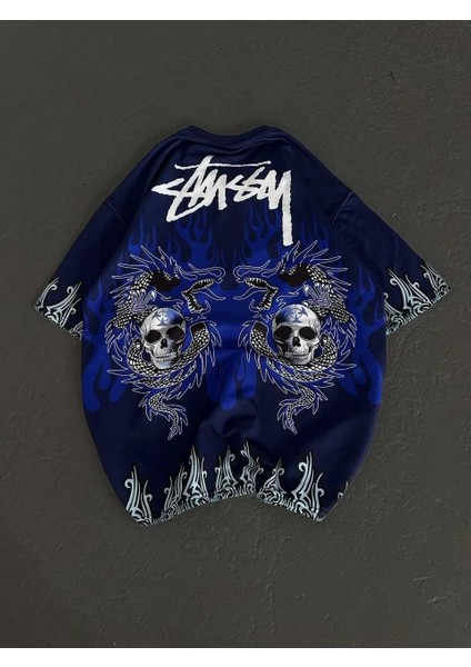 Unisex Bisiklet Yaka Baskılı Oversize T-Shirt - Lacivert