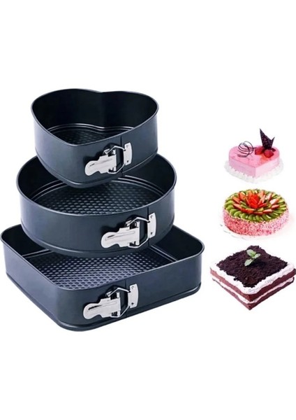 3’lü Kelepçeli Kek Kalıbı / 3 Boy Kalp, Kare, Yuvarlak Metal Kek Kalıbı Seti