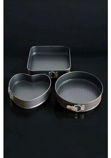 3’lü Kelepçeli Kek Kalıbı / 3 Boy Kalp, Kare, Yuvarlak Metal Kek Kalıbı Seti modelleri