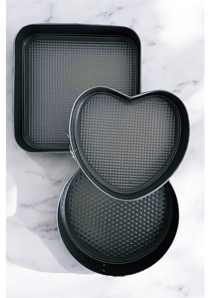 3’lü Kelepçeli Kek Kalıbı / 3 Boy Kalp, Kare, Yuvarlak Metal Kek Kalıbı Seti fırsatları