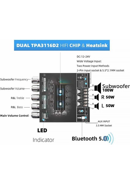 ZK-TB21 Bluetooth 5.0 Subwoofer Amplifikatör Kartı 50WX2+100W 2.1 Kanal Güç Ses Stereo Amplifikatör Bas Amp (Yurt Dışından) modelleri