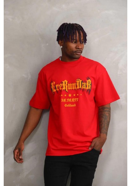Unisex Baskılı Oversize T-Shirt - Kırmızı indirimleri