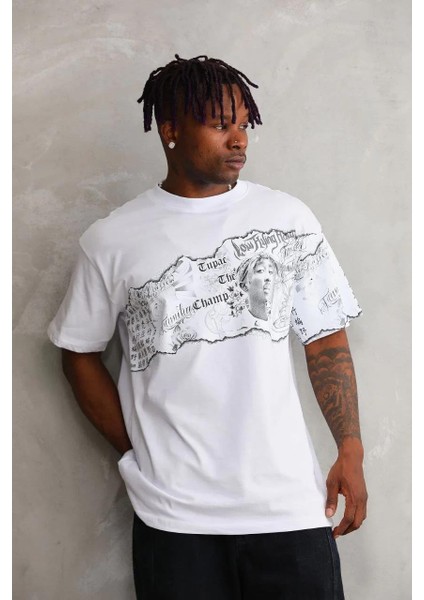 Unisex Bisiklet Yaka Baskılı Oversize T-Shirt - Beyaz