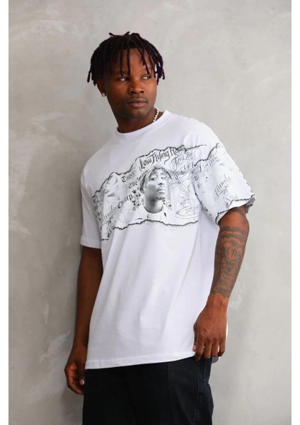 Unisex Bisiklet Yaka Baskılı Oversize T-Shirt - Beyaz fiyatları