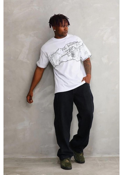 Unisex Bisiklet Yaka Baskılı Oversize T-Shirt - Beyaz modelleri