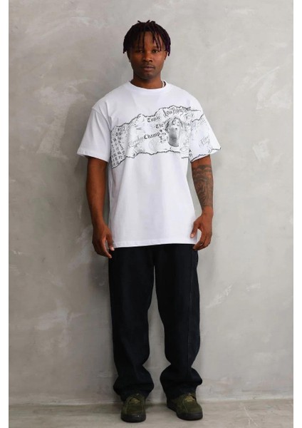 Unisex Bisiklet Yaka Baskılı Oversize T-Shirt - Beyaz fırsatları