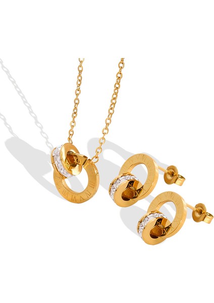 YUANYINGP150 Altın Kaplama Zirkon Taşlı Çift Yüzüklü Kadın Takı Seti (Yurt Dışından)