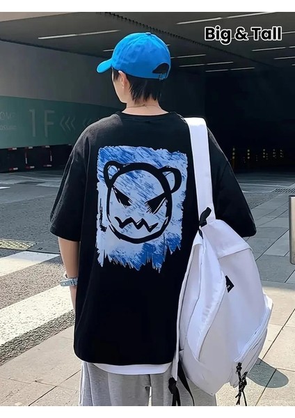 20/1 Penye Compack Bisiklet Yaka Kore Tarzı Sevimli Ayı Baskı Kısa Kol Erkek T-Shirt - Siyah