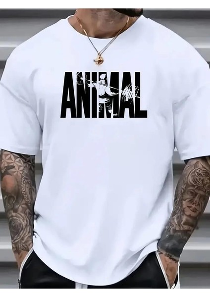 Anımal Desen Baskı Erkek Oversive Tişört, Grafik Tişört Erkek Yazlık Outdoor Kıyafetleri, Sporda ve Günlük Giyime Uygun - Beyaz