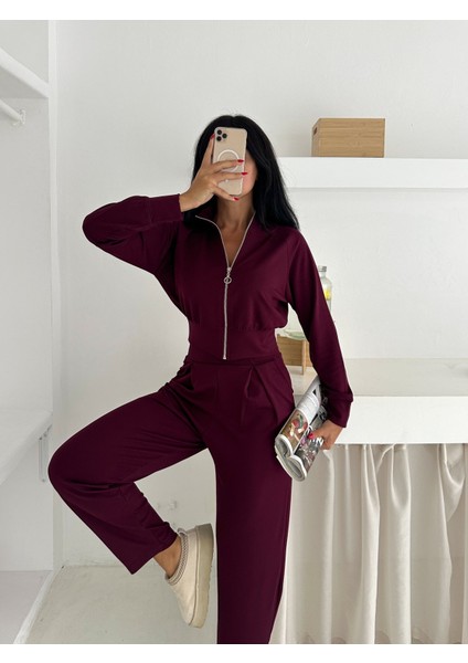 Beli Pensli Fermuarlı Şık Eşofman Takımı / Zip Detail Pleated Waist Elegant Tracksuit Set